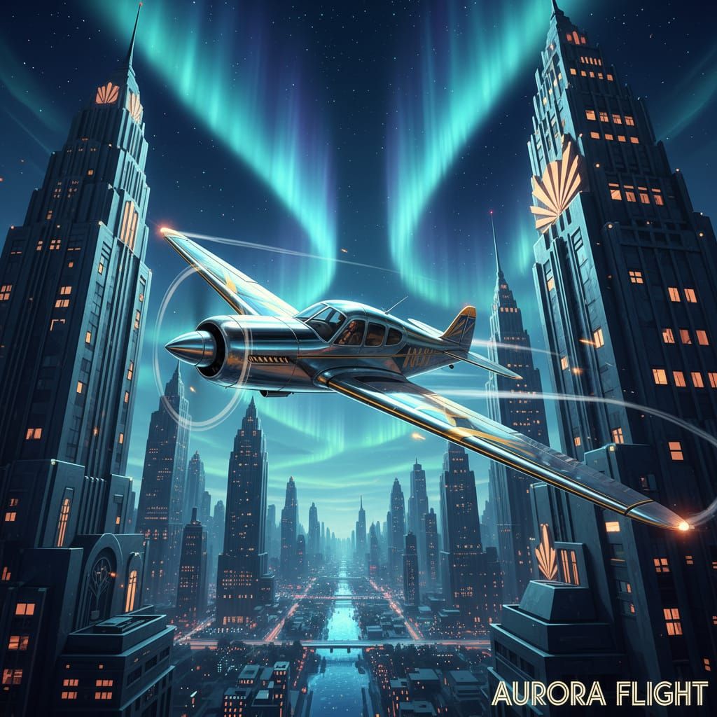 Art Deco Piper Plane Navigates Cityscape