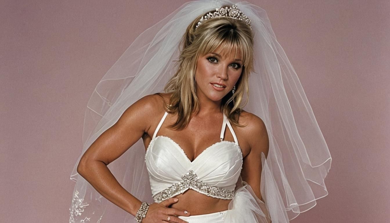 Samantha Fox wearing a skimpy wedding dress