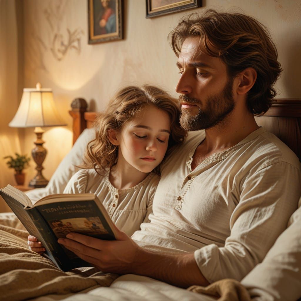 envision a cozy scene of bedtime stories, with a child tucked in and dad mid-story, illuminated by the ...  by @Susi