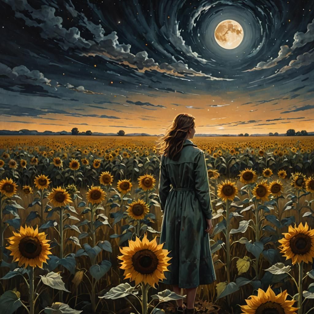 Cleene living open landscape, a woman stands alone, the autumn sunflower is nearby, the moon in the dark ...  by @Aase
