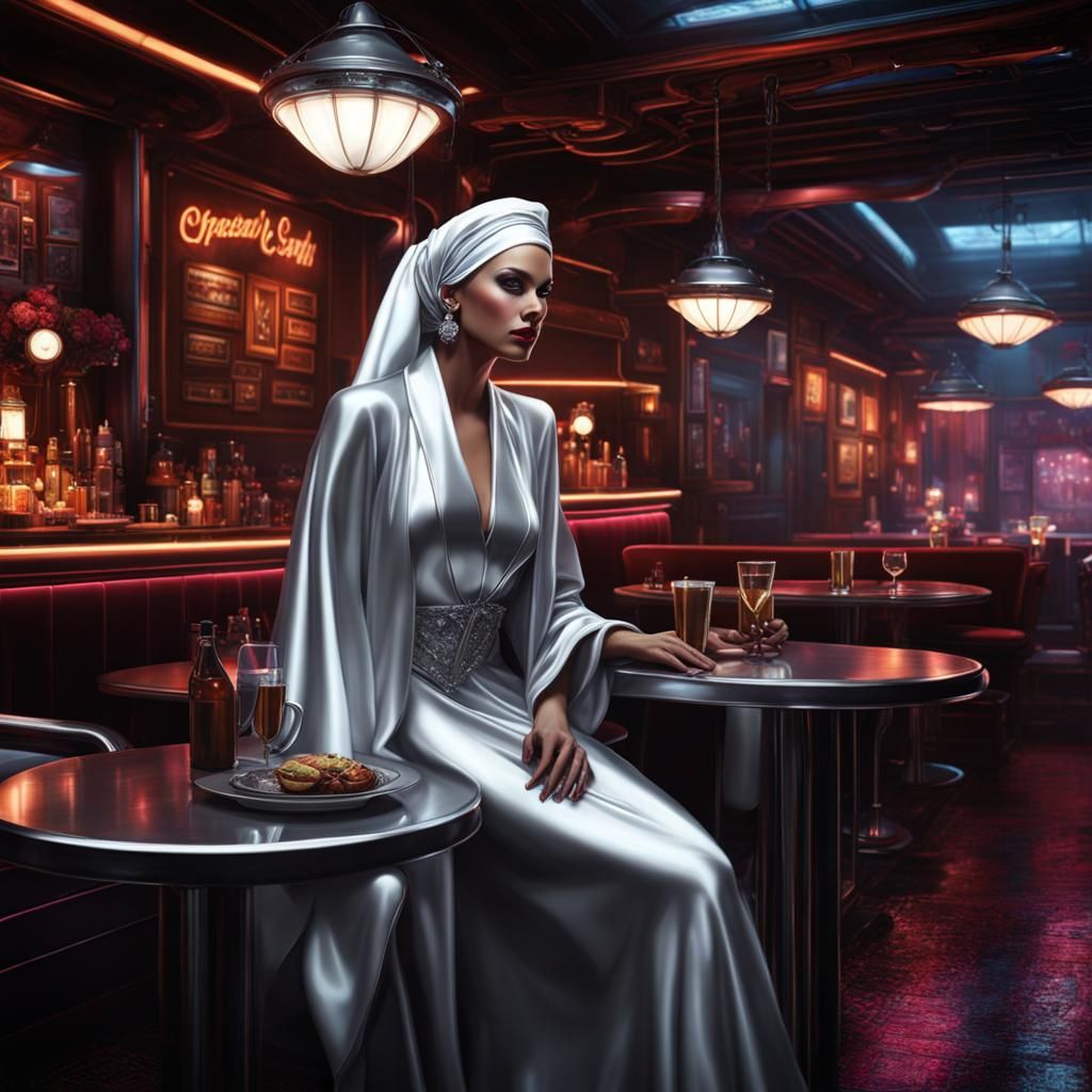 Grimdark Neon Cyberpunk Night Café. Photo realistic. Super r...