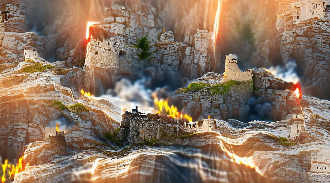 Ancient Castle atop a cliff burning CryEngine digital illustration