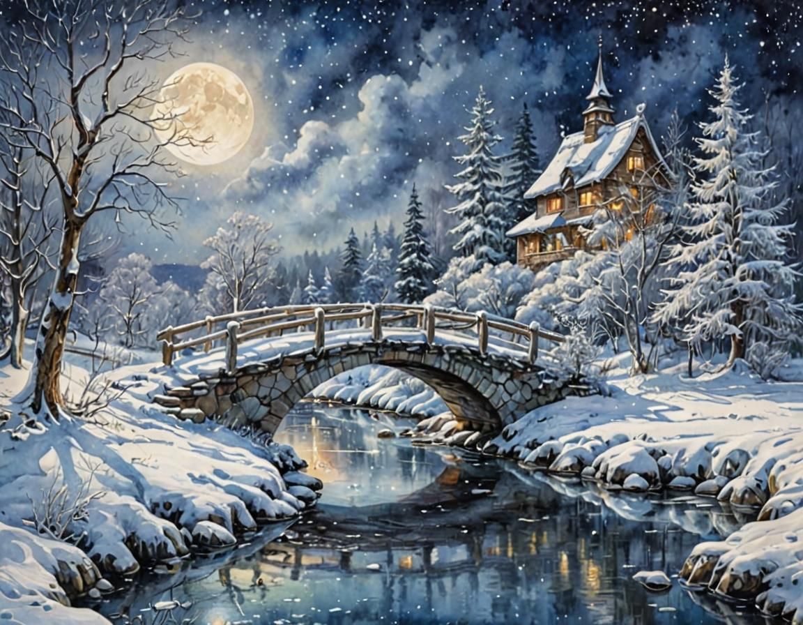 A stream, a bridge and the moon in winter  by @Adab Sur Dum
