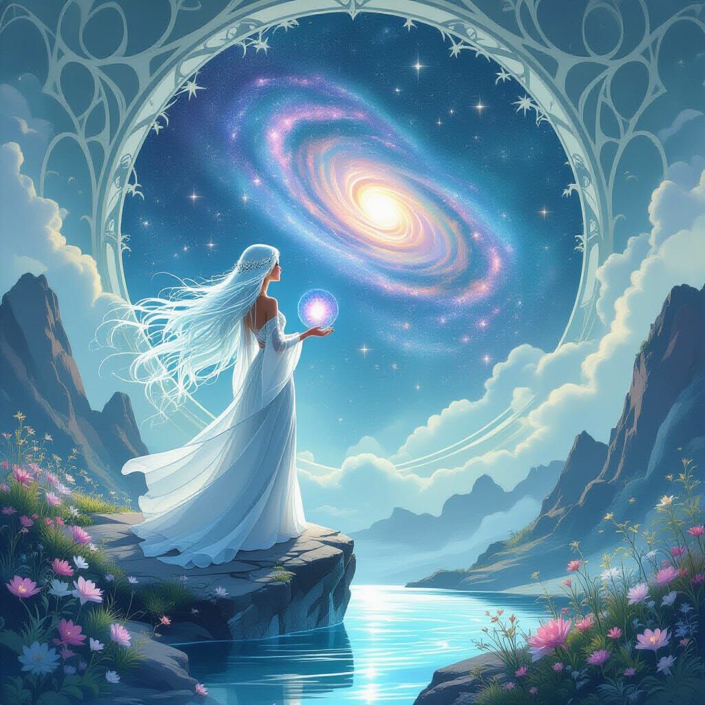 Ethereal Woman Holds Galaxy in Dreamlike Landscape