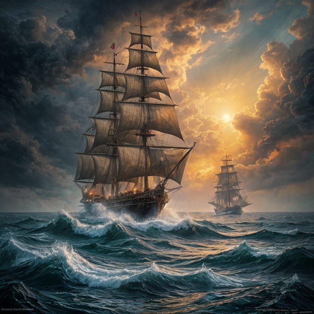 17th Century Ship Battles Storm in Fiery Sunset