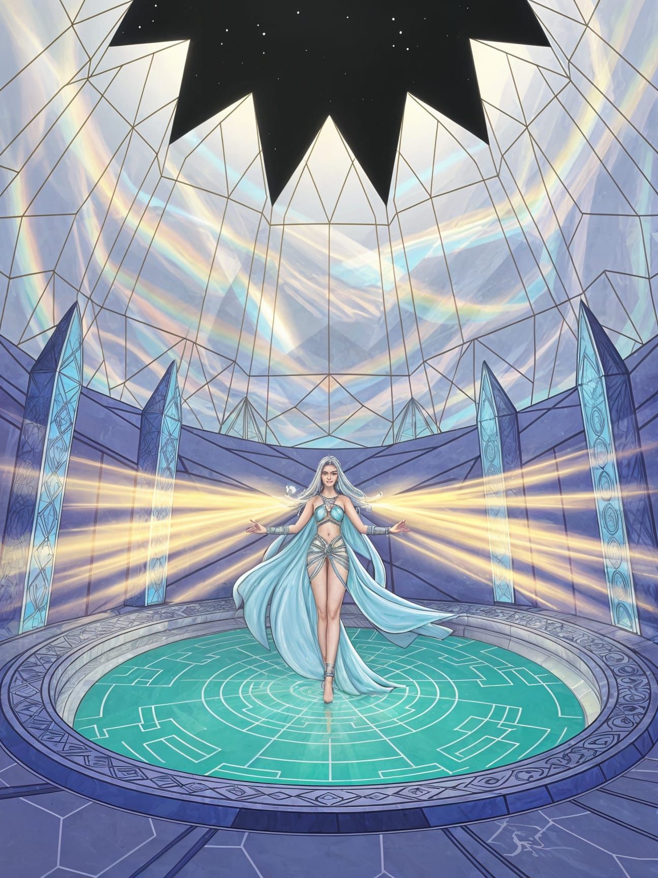 Inside a grand Lemurian crystal temple shaped like a lotus blossom, walls of translucent crystal shimmer with inner light, casting rainbow r...