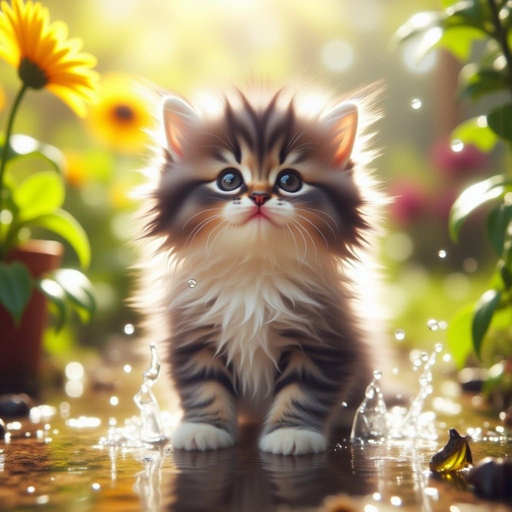 <lora:Masteroftheeye:1.0> A Hyper realistic image of a Cute fluffy kitten happily playing outside. detailed wet fur