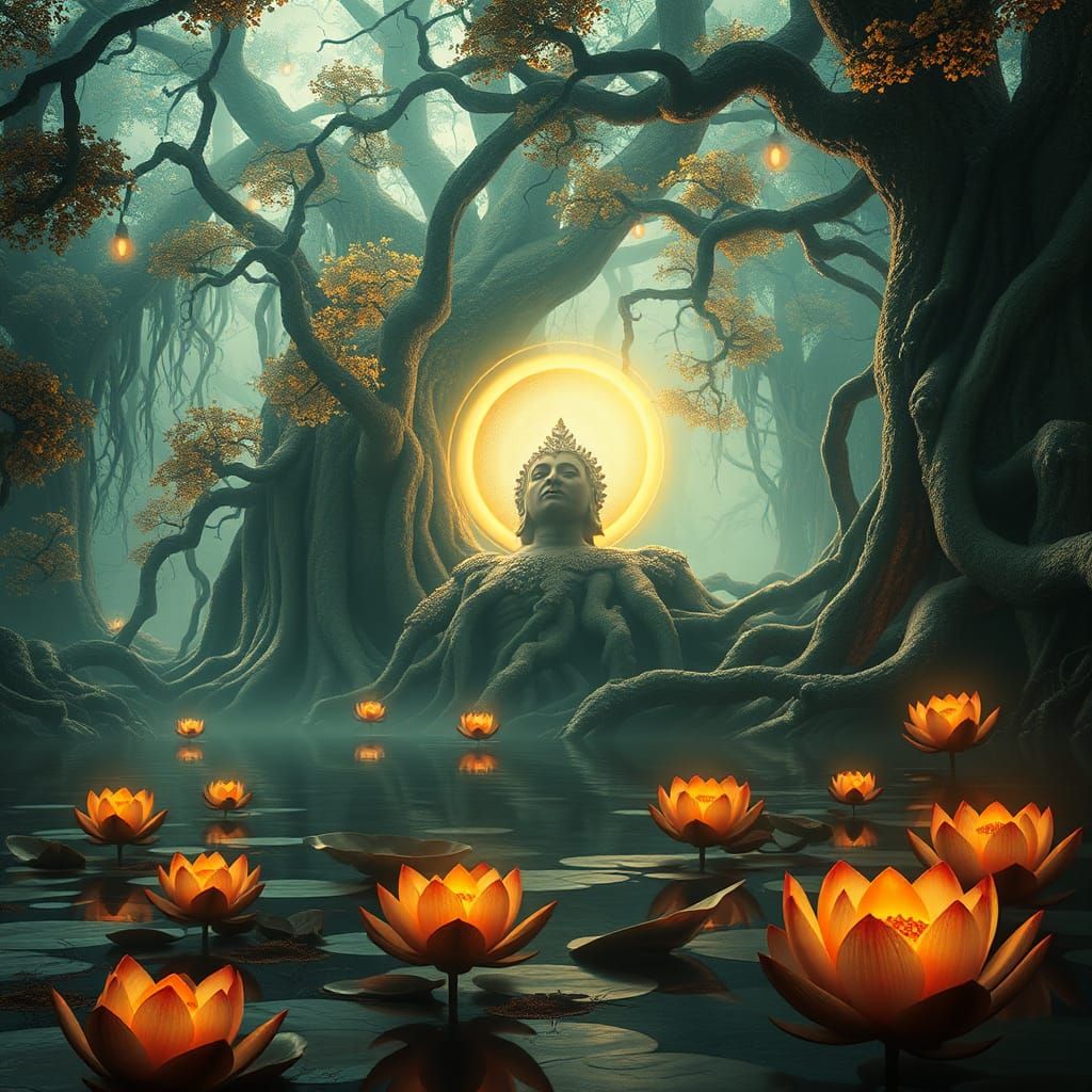 Subhuti's Enlightenment in Mystical Forest: Art Nouveau