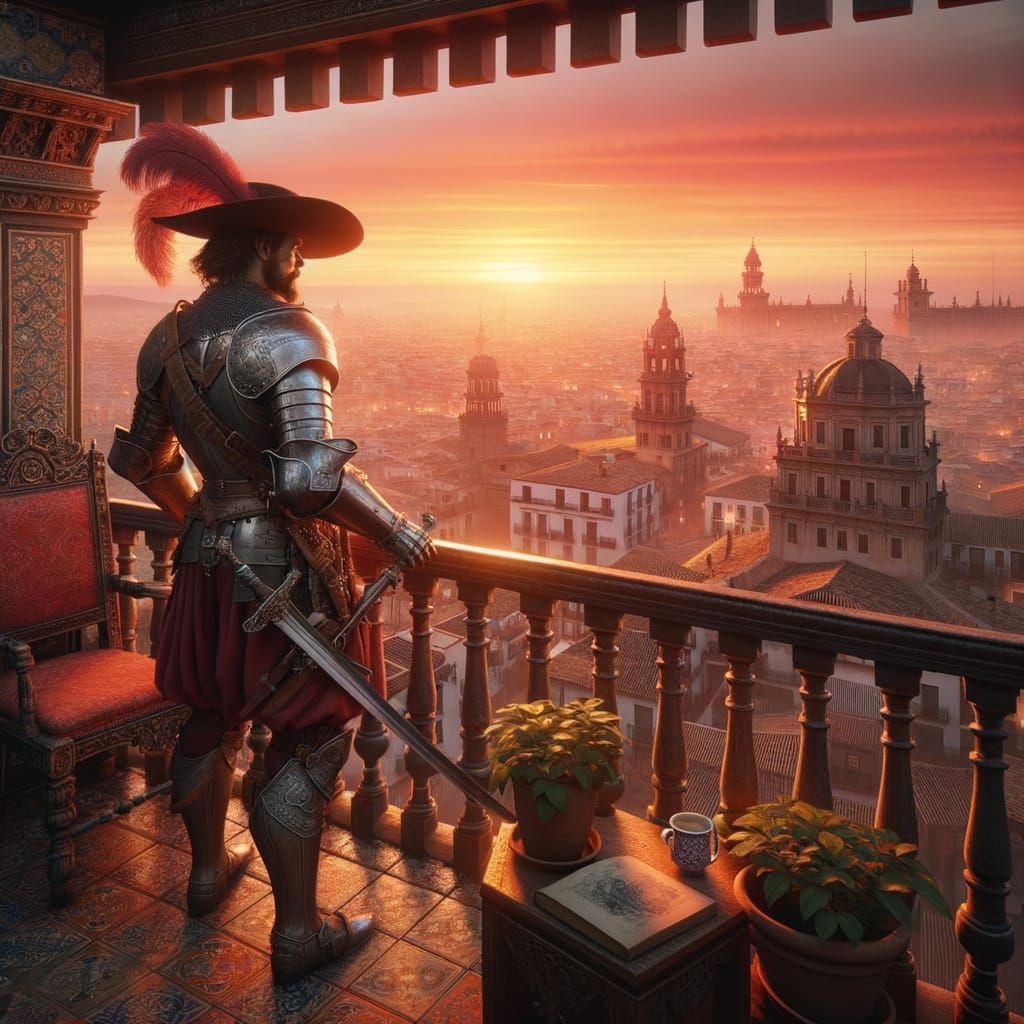 Musketeer Warrior on Spanish Balcony at Sunset