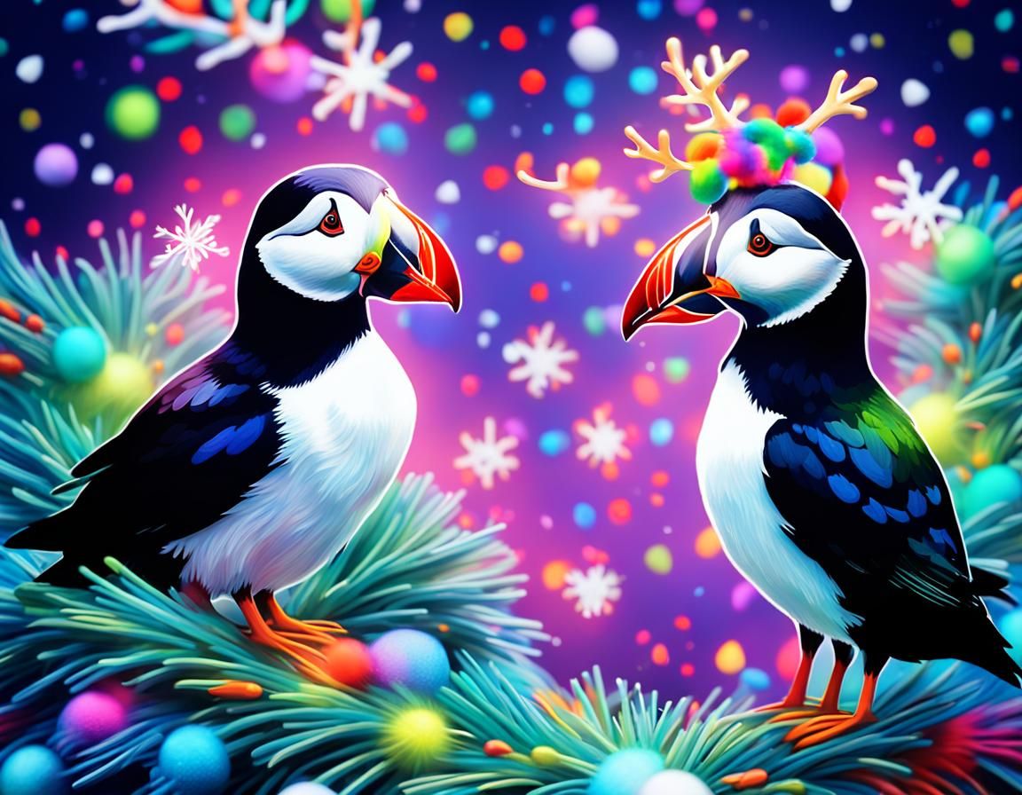 Christmas Psychedelic puffin bird with deer antlers on their head and tinsel 