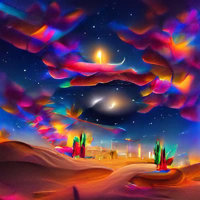 a desert night with bright colorful light arches in the sky