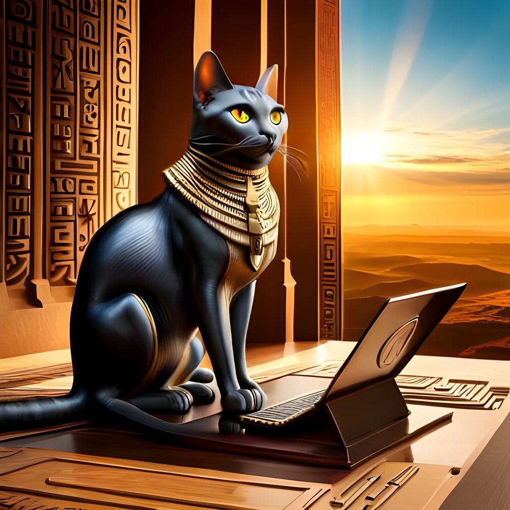 Ancient Egyptian cat sits on ancient laptop  by @Kalpine