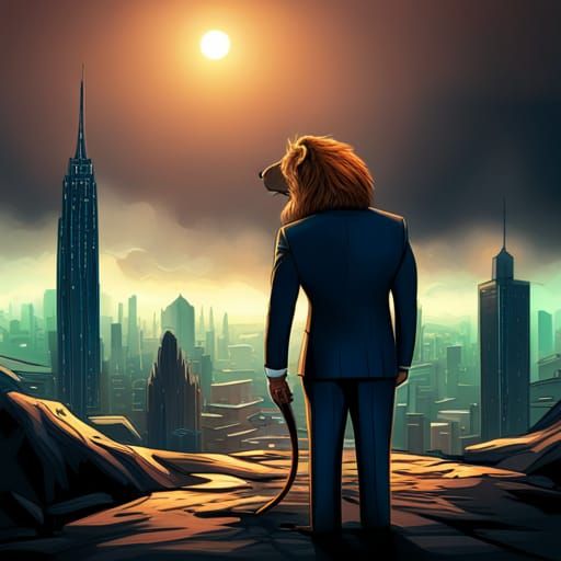 furry lion strong businessman in sharp suit modern art dark ...