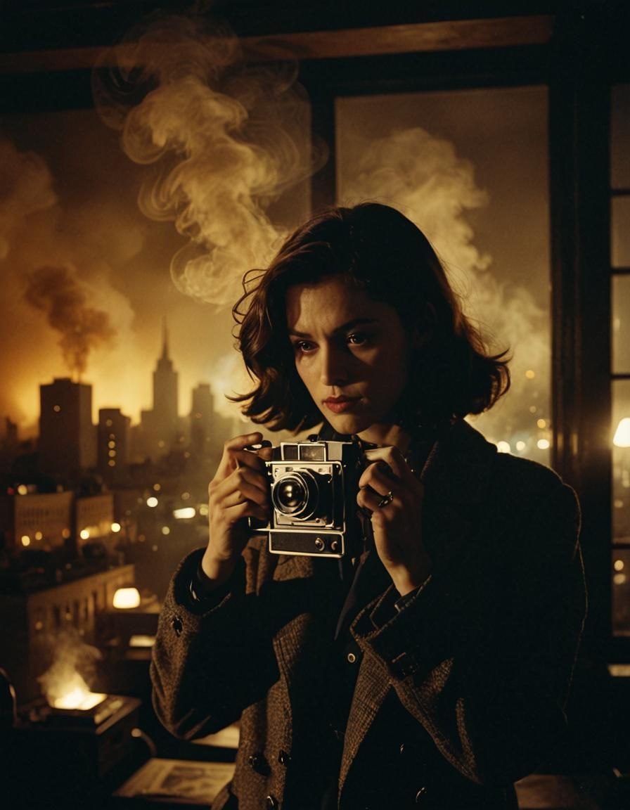 Film Noir Photographer Inspects Cityscape Projection