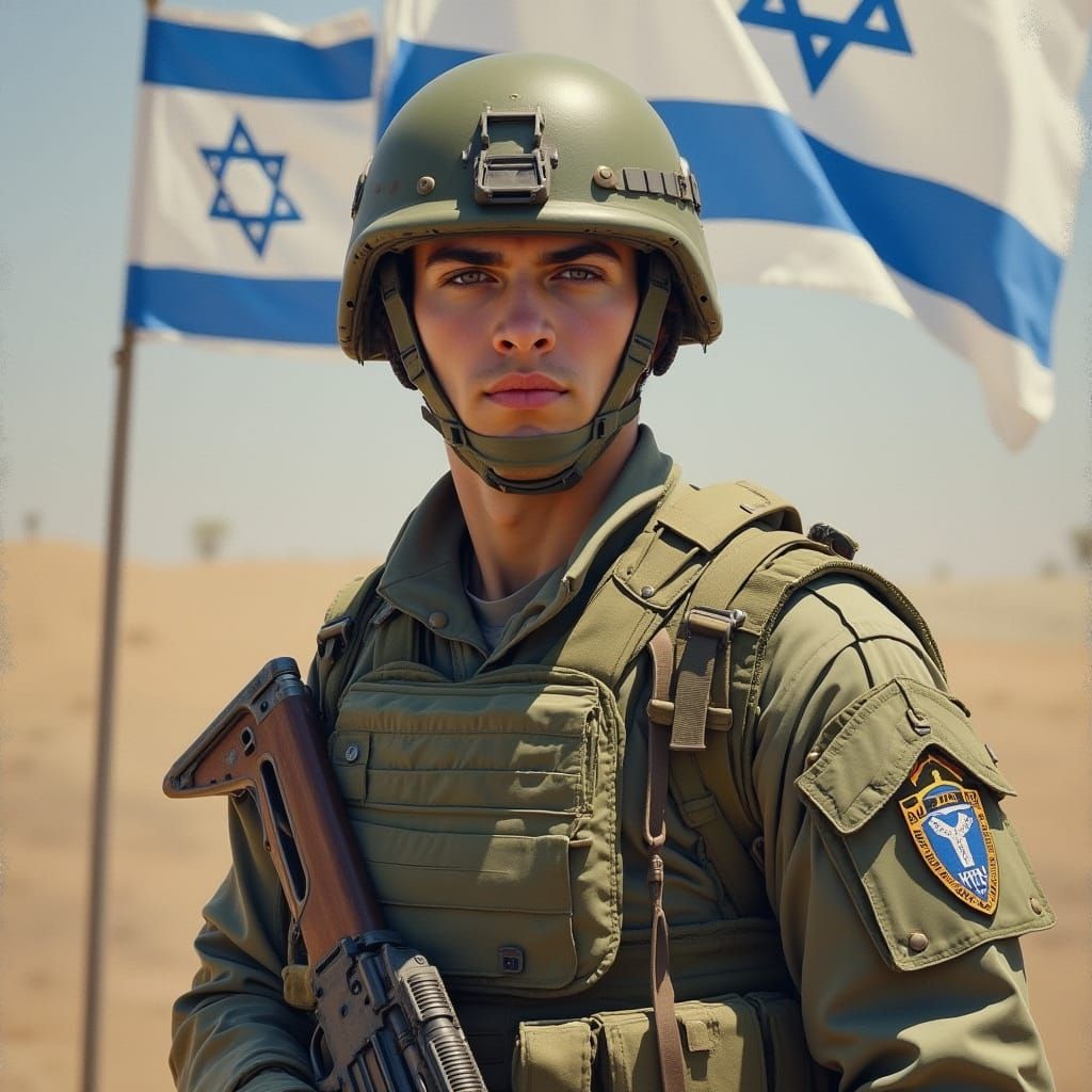 Proud Israeli Soldier in Uniform with Flag