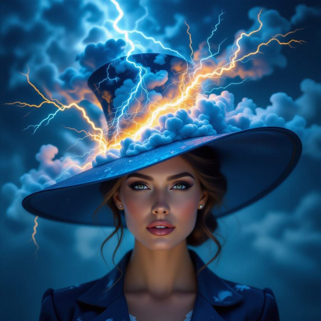 a woman with a large hat made of lightning, storm clouds, swirling,  impressionistic 