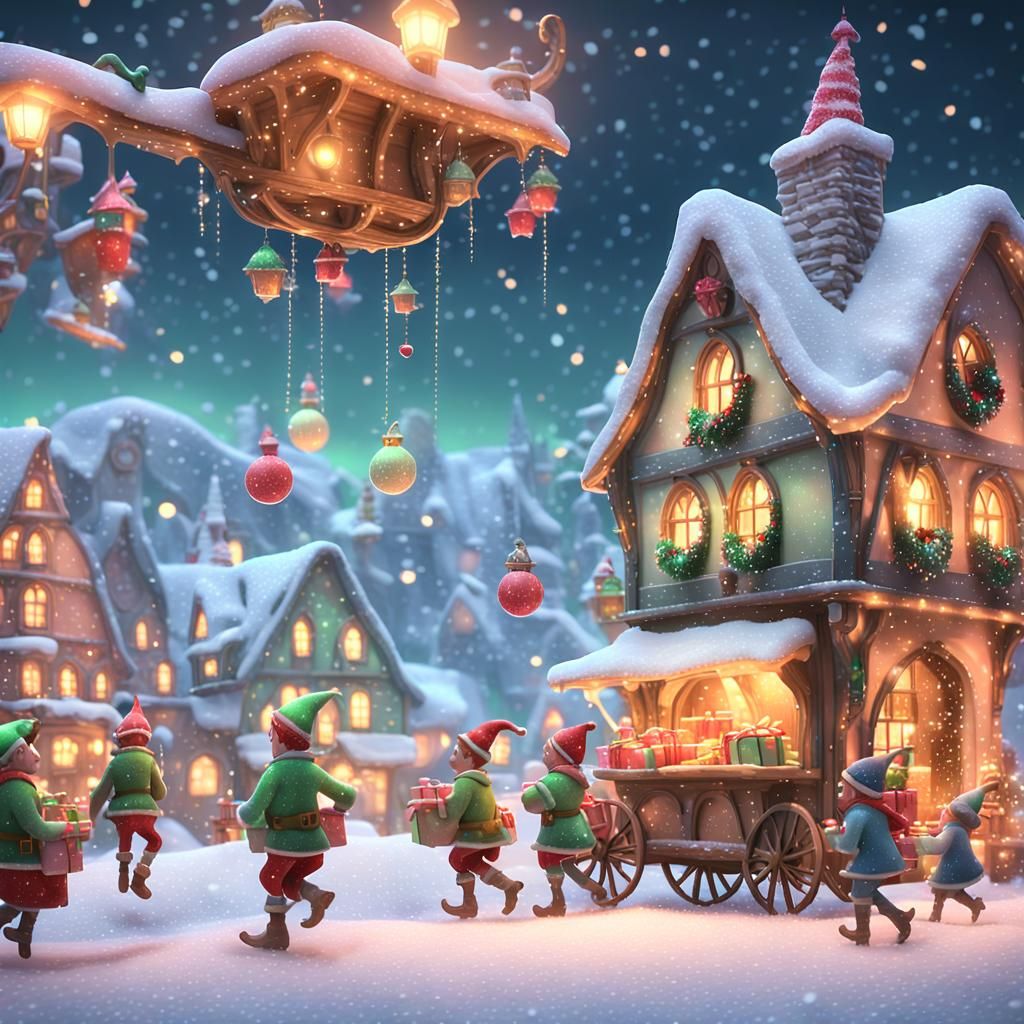 Elves Return to Christmas Village: 3D Fantasy Scene