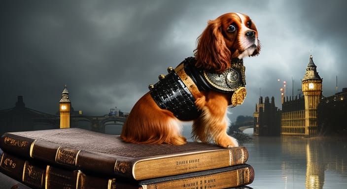 Steampunk King Charles floating on books in Post-Apocalyptic London ...