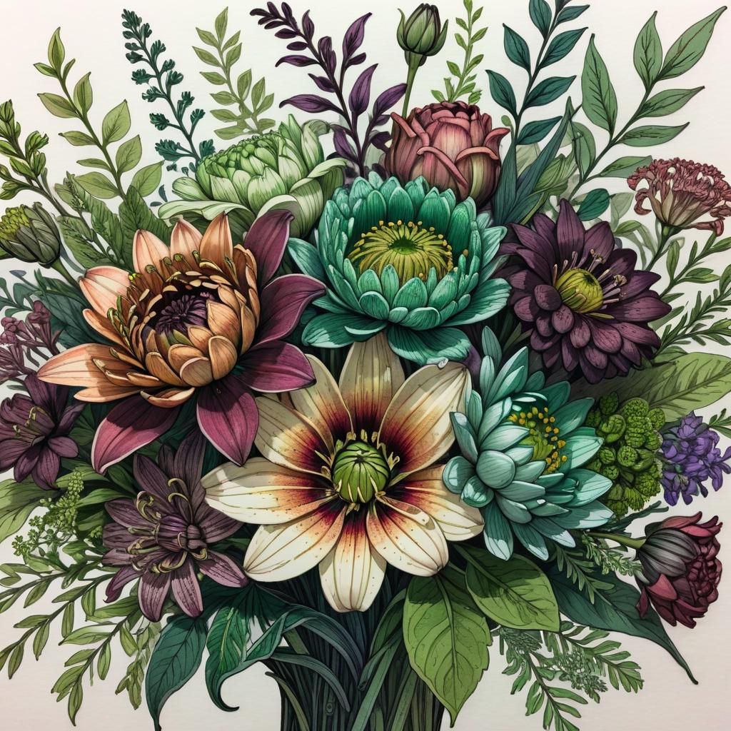 An intricate botanical ink drawing of a flower bouquet, rich...