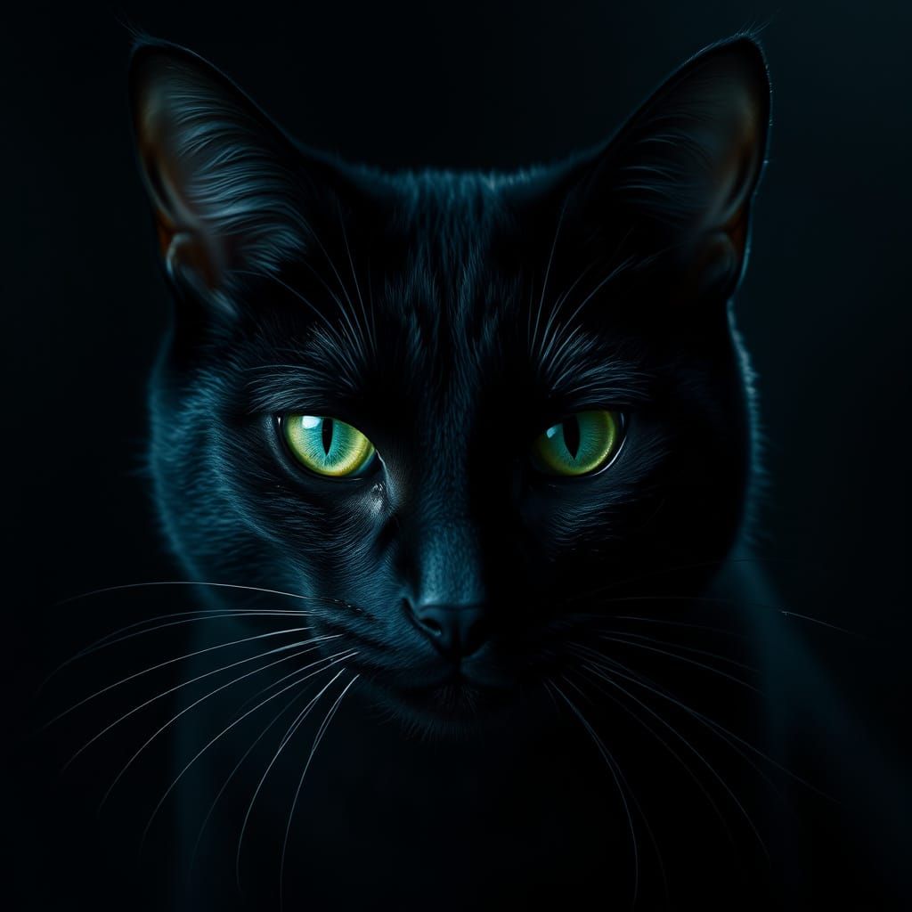 Hyperrealistic Black Cat with Piercing Green Eyes