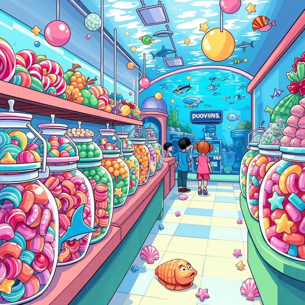 Candy store inside children’s aquarium museum. AI Generated Artwork