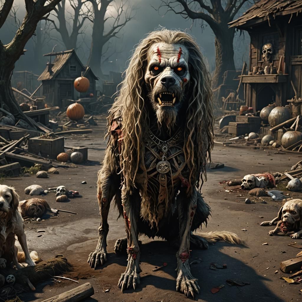 Rob zombie as a dog ultra realistic 8k resolution scary scen...