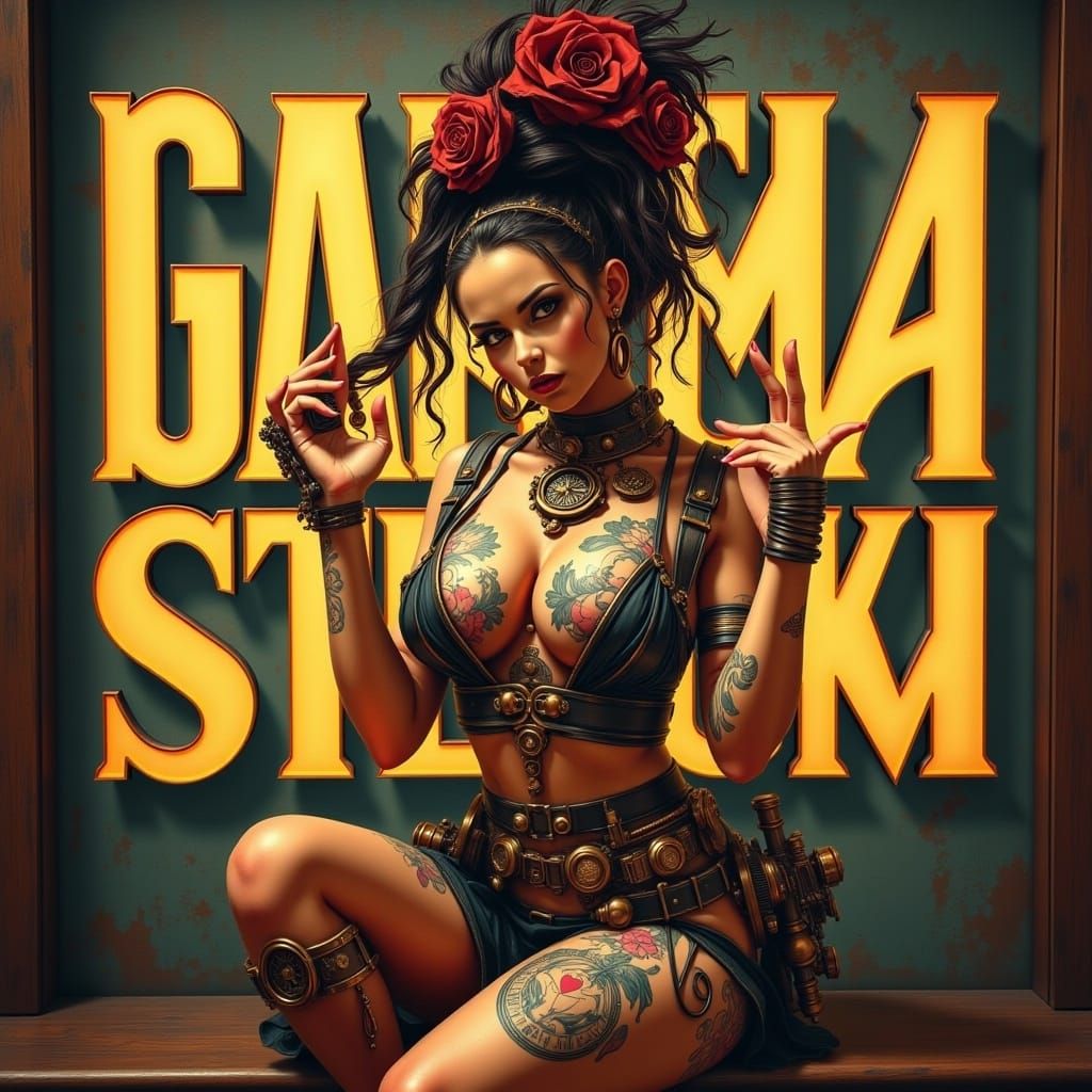 the huge text "Contemporary Steampunk" appearing in the background: 
hyperdetailed contemporary art style steampunk pinup girl with contempo...