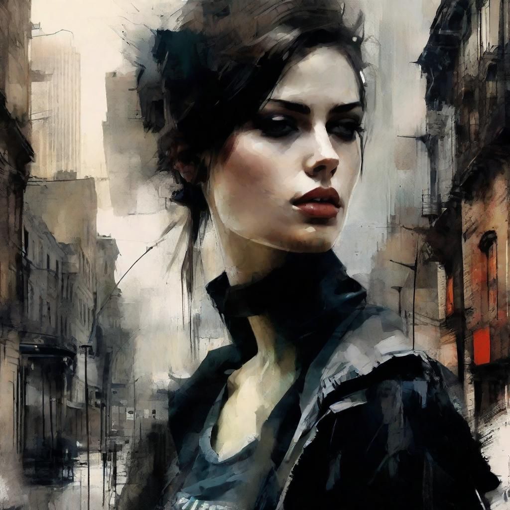 Captivating Model in Urban Twilight, Stylized Art