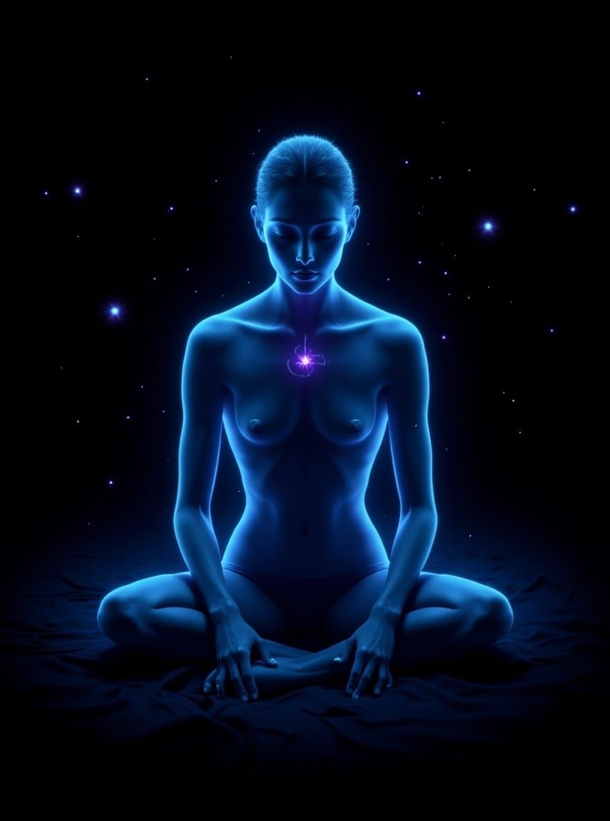A mesmerizing digital painting of a serene, translucent human figure, seated cross-legged in a contemplative pose, with an ethereal glow ema...