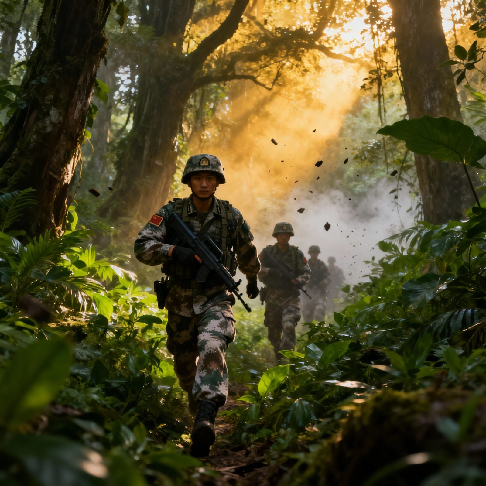 PLA Unit Advances Through Misty Ancient Forest