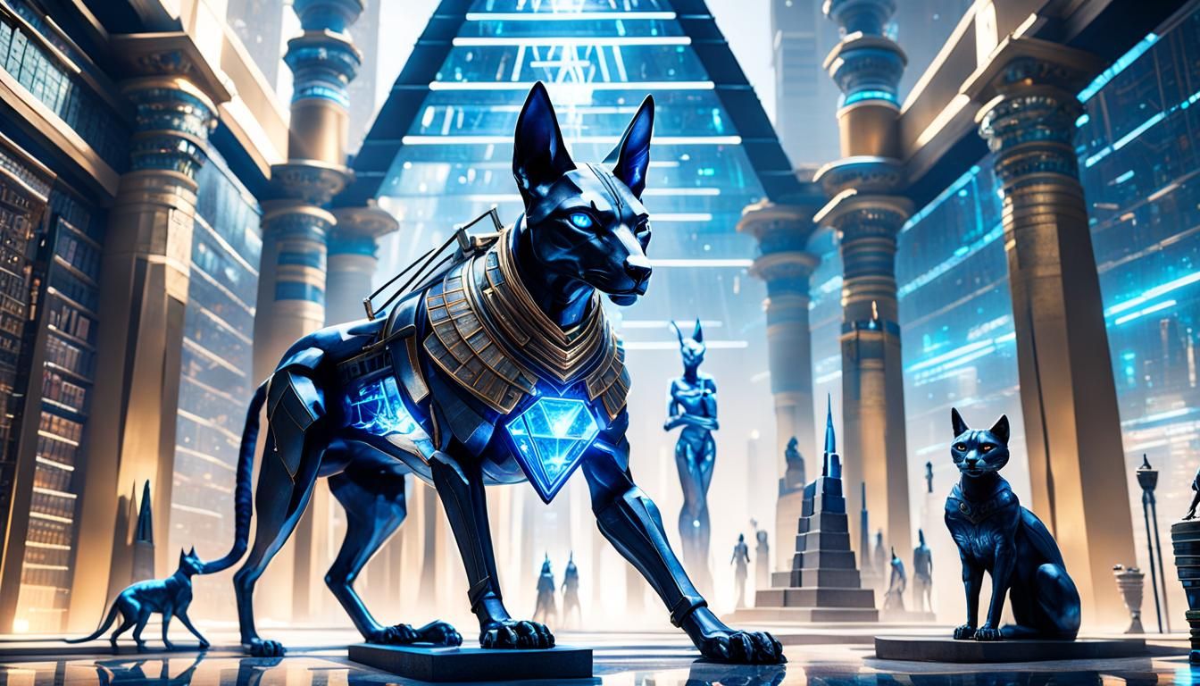 Anubis and Bastet in Library of Alexandria, Cyberpunk Pyramid City - AI ...