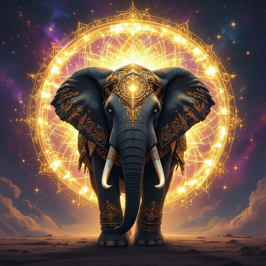 Majestic elephant facing forward, adorned in ancient copper and steel armor plating with intricate Mandala designs etched across its head an...