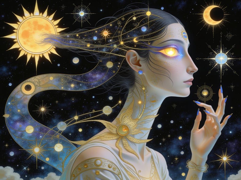 <lora:Ancient Nouveau:1.0> In the Weirdly Nouveau style, a whimsical side-profile dreamer with an impossibly long, graceful jaw and cheekbon...