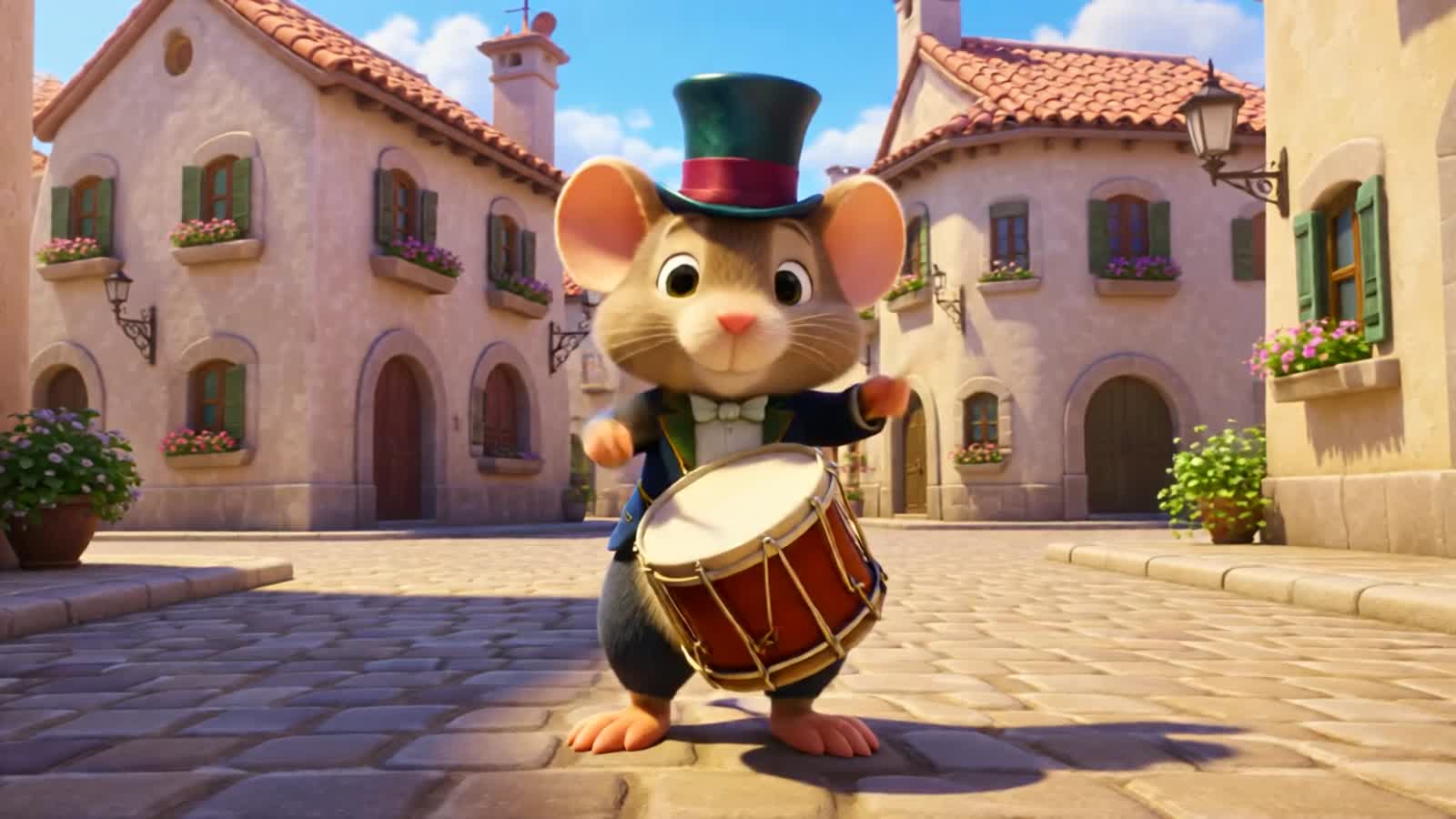 A cute mouse wearing a tailcoat and top hat has a drum in front of its belly and beats it joyfully. It runs through a cu...