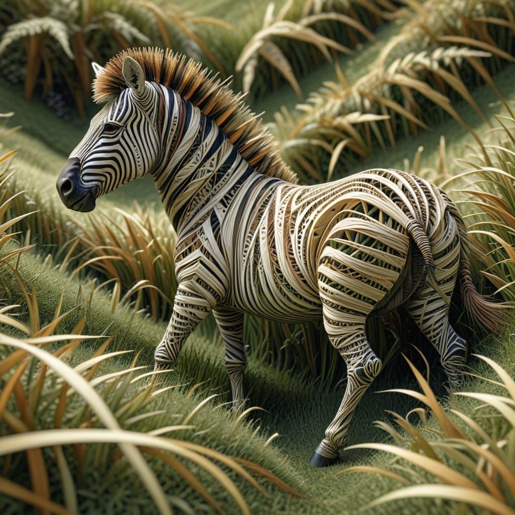 Zebra made of threads grazes on grass in a real atmosphere  by @Likra