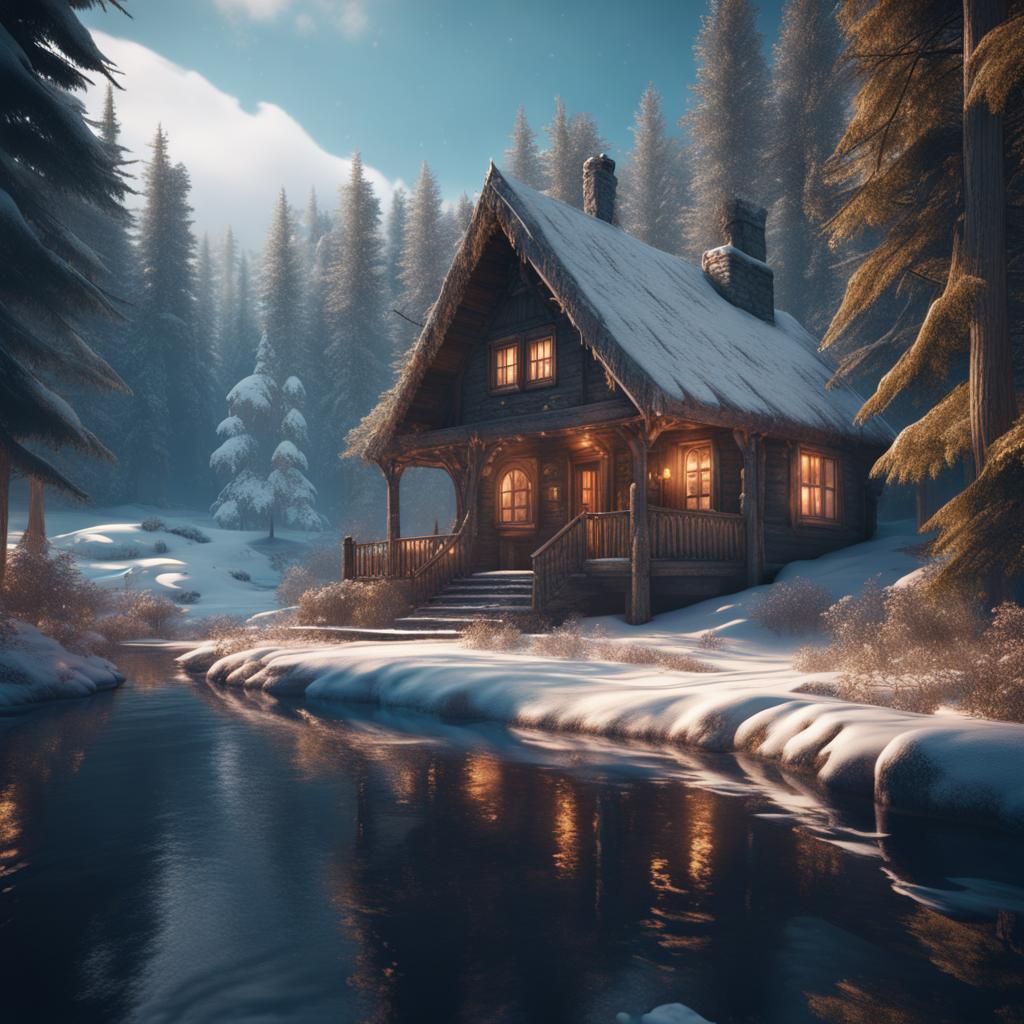 romantic cabin in the woods with dusting of snow  by @Bobble