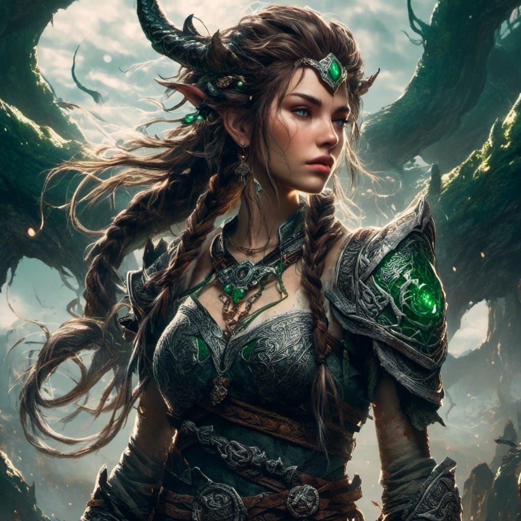 Tall, beautiful, strong woman, tattoos,  black green braided...