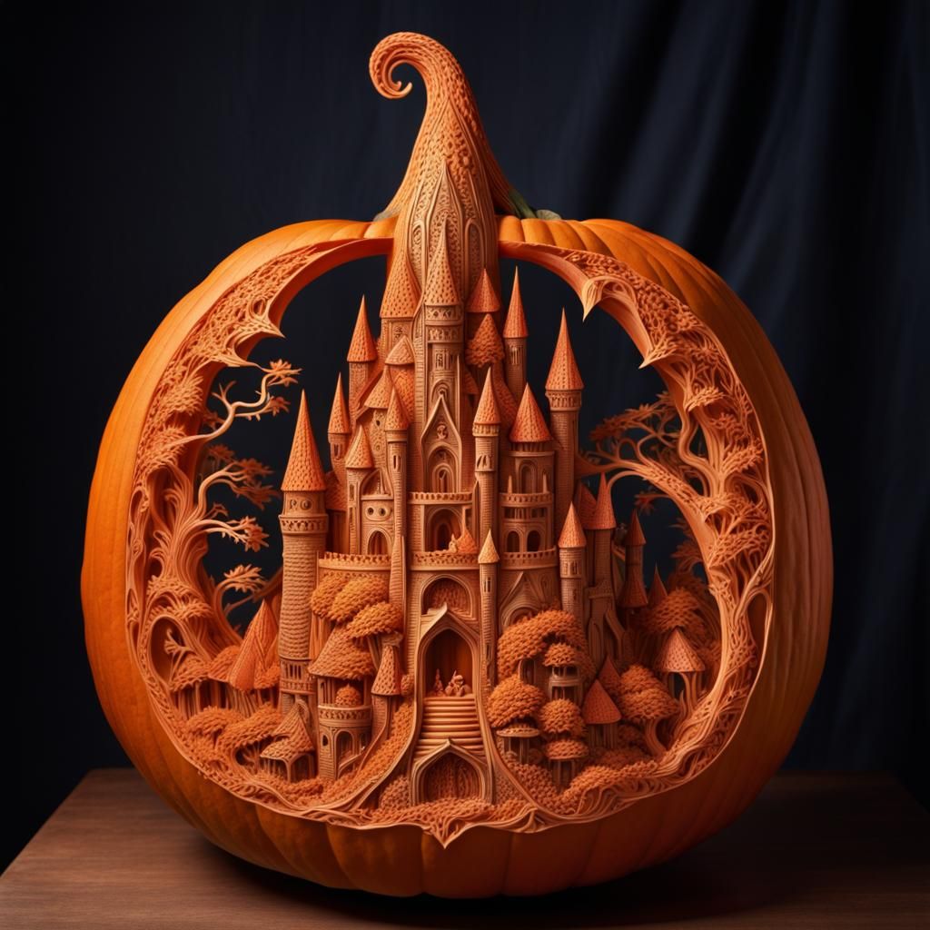 intricately carved pumpkin, a fantastical scene carved into ...