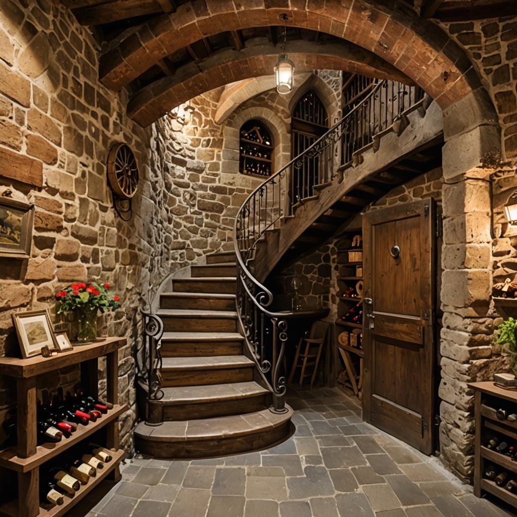 An impressive staircase leads down into an old wine cellar