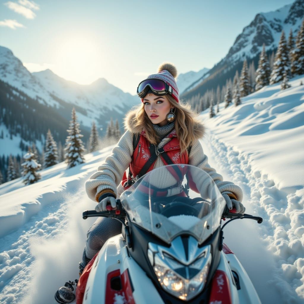 Woman Snowmobiling in Snowy Mountains with Vibrant Winter Fa...