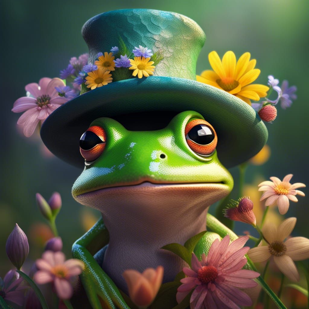 Cute frog with flowered hat