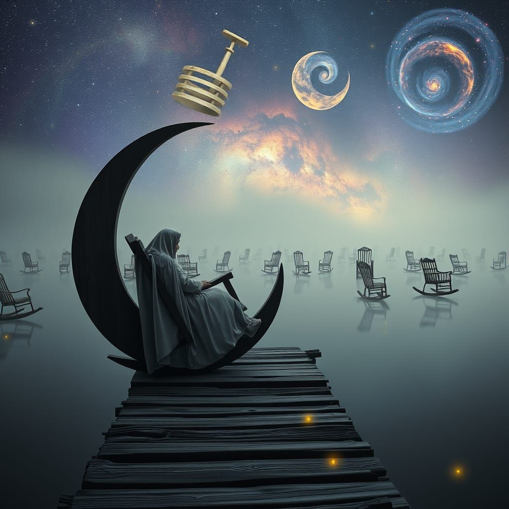 A surreal twilight landscape where dozens of vintage rocking chairs float gently above a misty lake, each rocking slowly as if moved by an u...