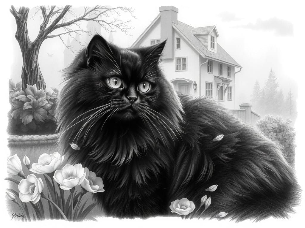 landscape: Romanticism: cottagecore: Thomas Kinkade: beautiful: super fluffy, black Persian cat: hyperdetailed ...  by @LTSings
