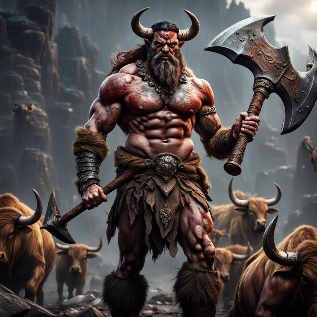 bare chested barbarian with bulls head, holding an axe - AI Generated ...