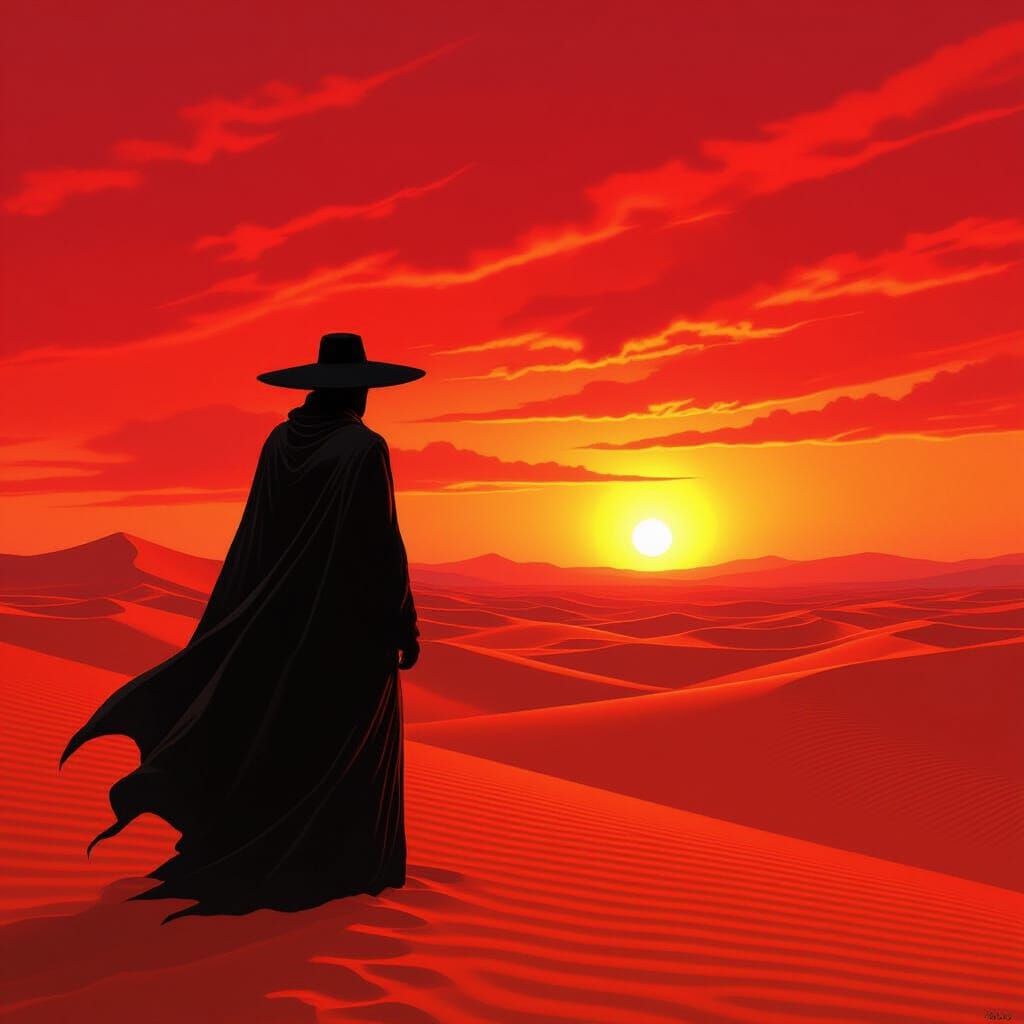 A lone figure stands silhouetted against a fiery red sunset in the desert.  by @rpernito