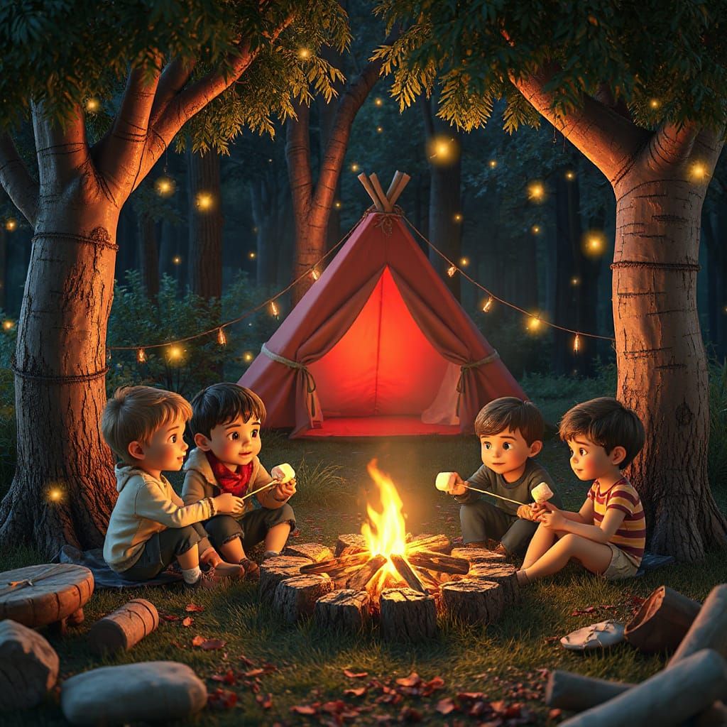 children at a cosy campfire roasting marshmallows on a stick in the enchanted backyard garden. Between the trees you see...