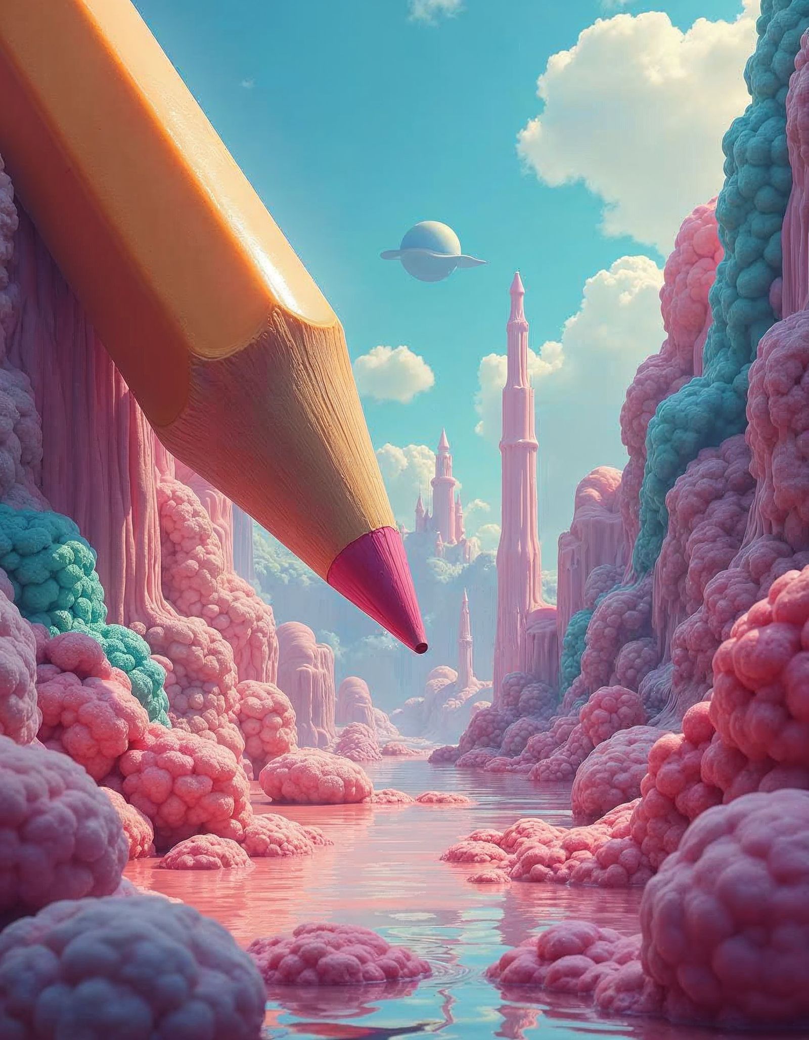 Surreal Landscape: The Giant Colored Pencil in a Dreamlike Realm