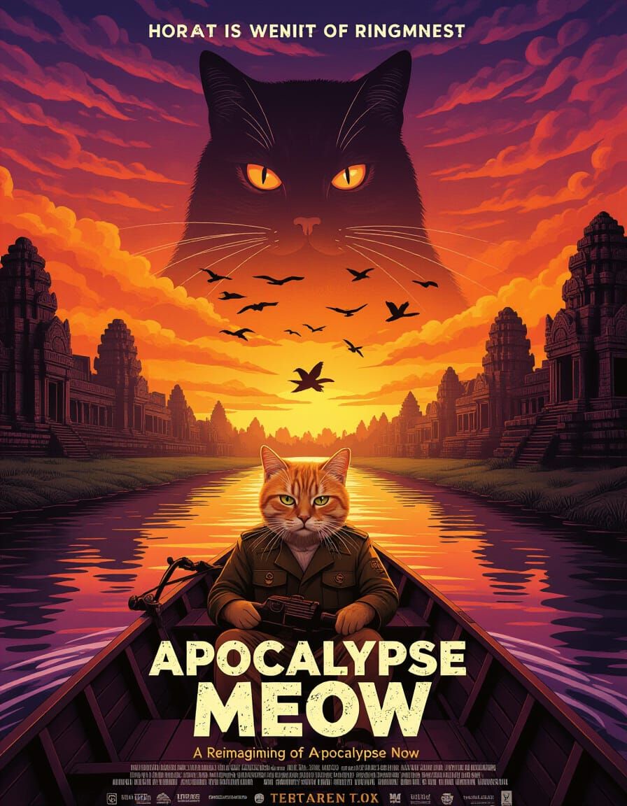 Award-winning movie poster for "Apocalypse Meow", a reimagining of Apocalypse Now but with cats. The ...  by @JuiceBox
