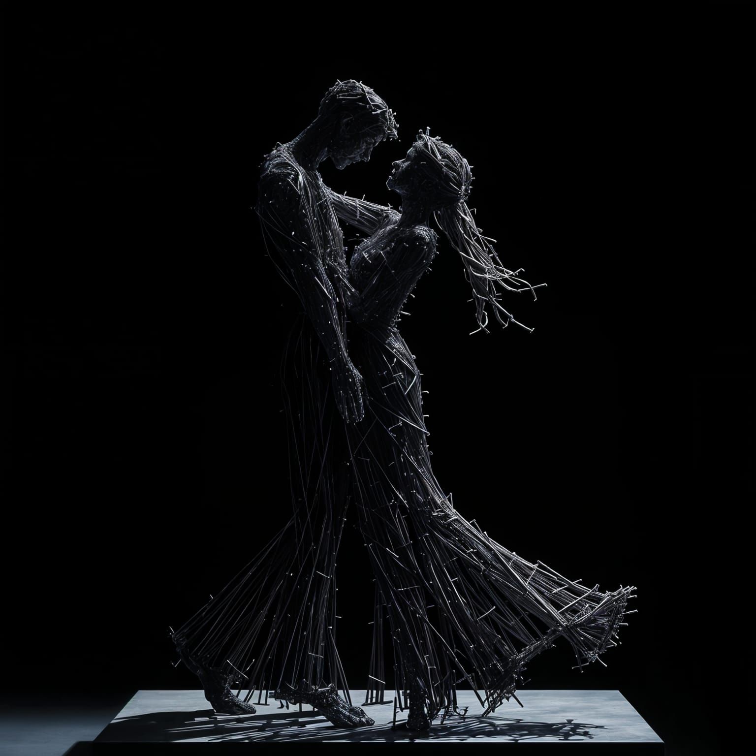 Scultura di coppia di ballerini realizzata con chiodi in ferro battuto 