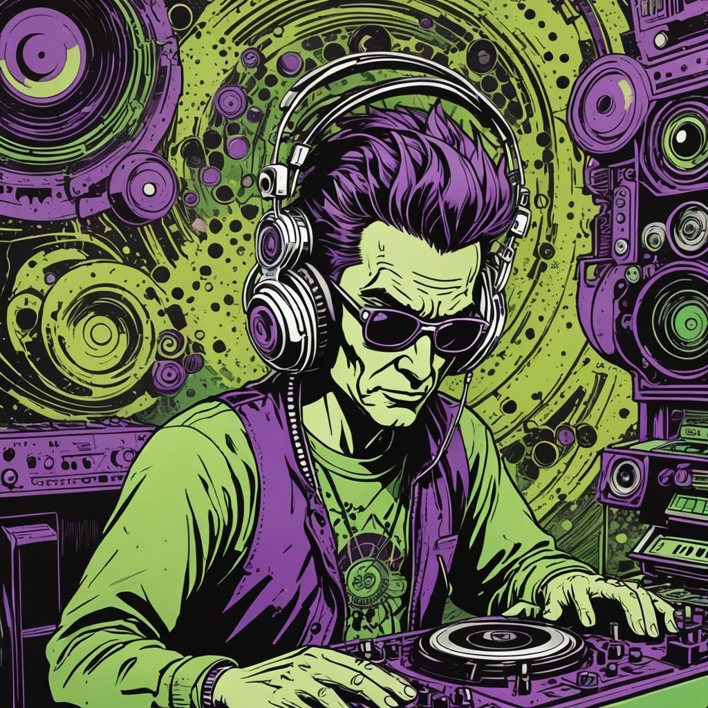 Cybernetic TechMonster Drum'n'bass DJ on the decks; 1950s co...